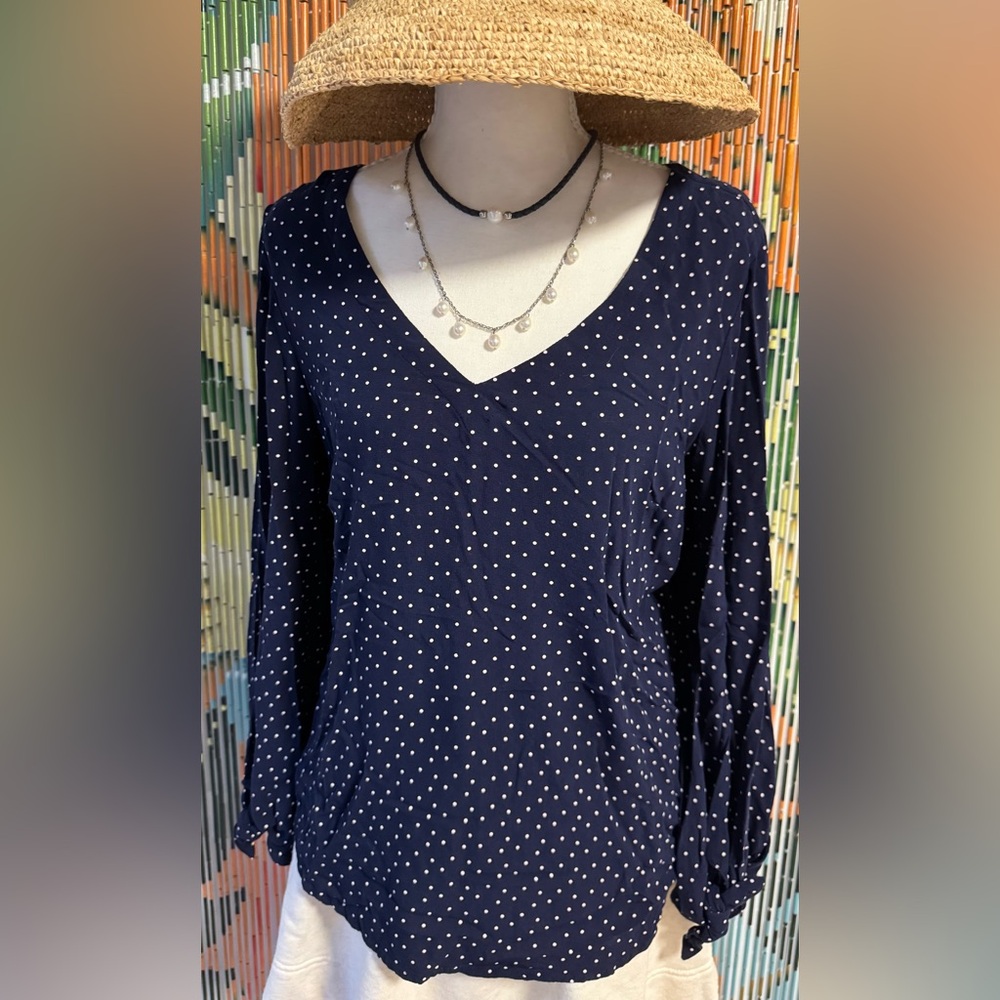 Anthropologie Navy Polka Dot Blouse